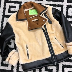 Fur, faux leather bomber jacket